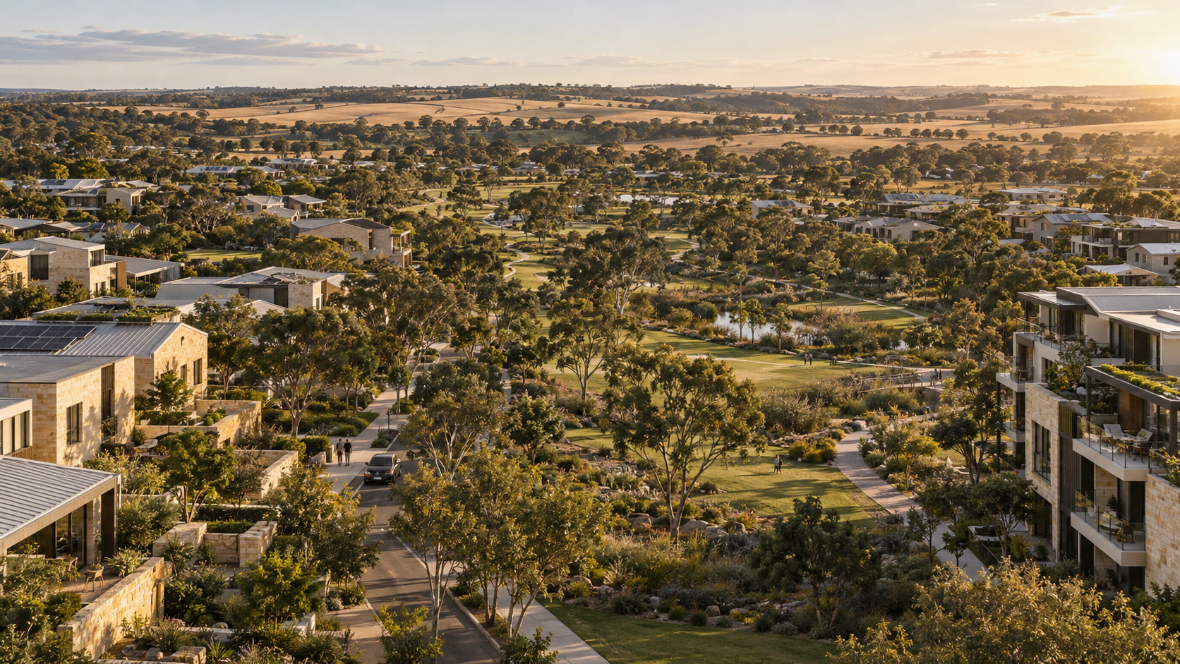 Illustrative homes arranged around landscaped shared spaces