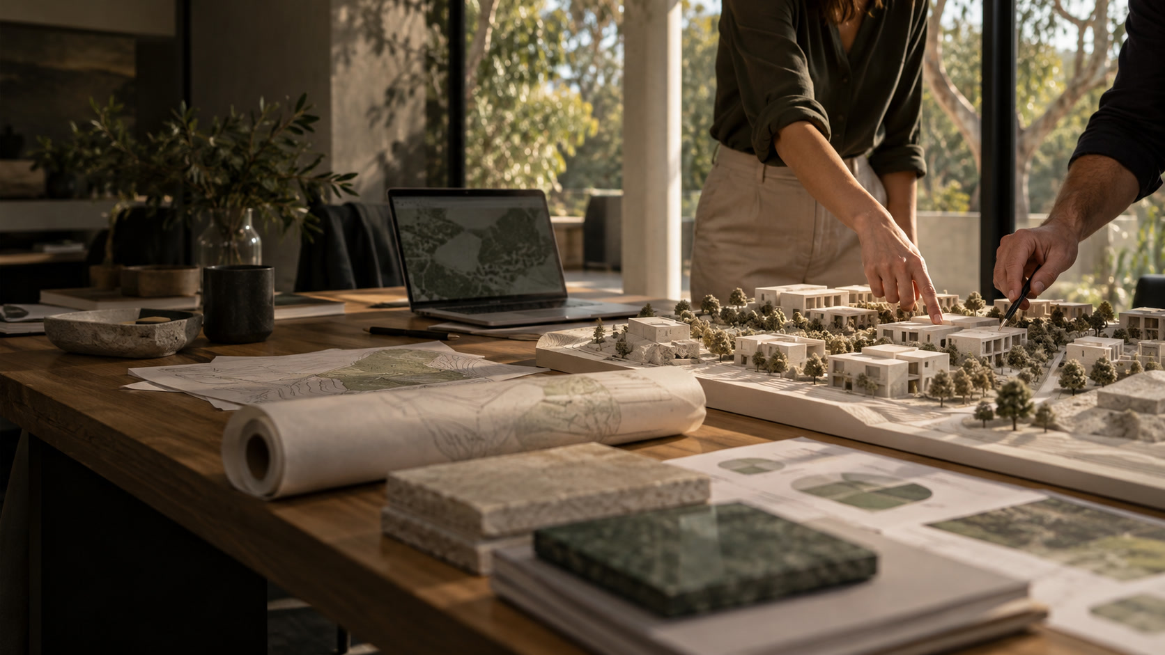 A design worktable with a landscape model, drawings and material samples